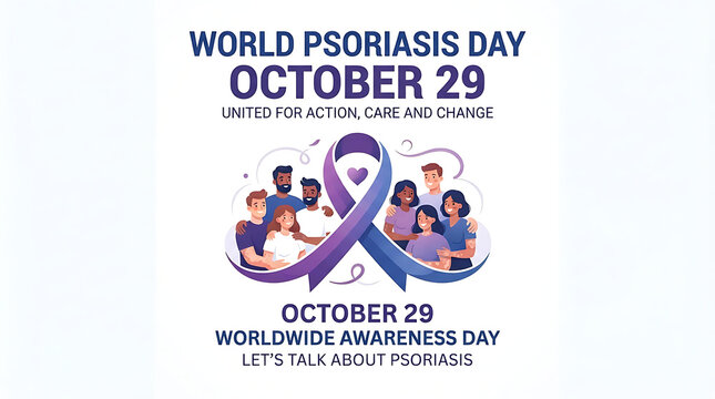 "WORLD PSORIASIS DAY OCTOBER 29 UNITED FOR ACTION CARE AND CHANGE" at top and "OCTOBER 29 WORLDWIDE AWARENESS DAY LET'S TALK ABOUT PSORIASIS" 