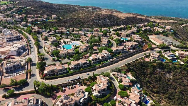 Aphrodite Hills, Cyprus. Drone View of Luxury Apartments, Villas and Mansions on Sunny Summer Day