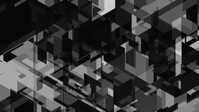Monochromatic geometric shapes shift smoothly across the dark space, elegant minimalist tech video background