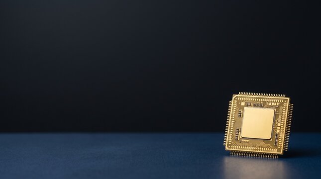 Golden central processing unit sits on a dark blue surface against a stark black background