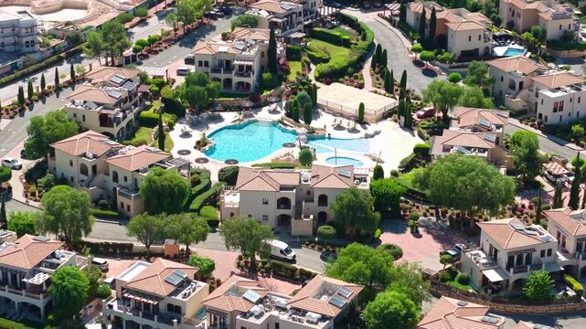 Drone View of Aphrodite Hills, Cyprus. Luxury Villas and Mansions in Resort With Swimming Pool
