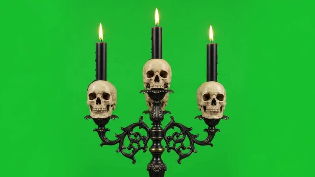 Gothic Halloween skull candelabras burning in green studio background with copy space