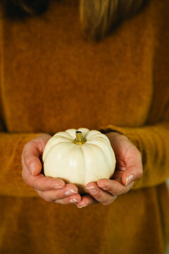 Woman holding a small white squash in both hands, cozy autumn lifestyle portrait in a mustard sweater, seasonal fall harvest concept for Halloween, Thanksgiving and home decoration