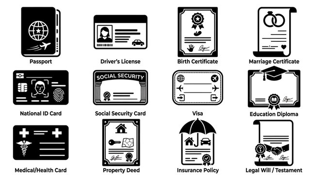 Set of black and white icons representing various official personal legal documents and certificates with passport certificate document insurance identification official identity registry
