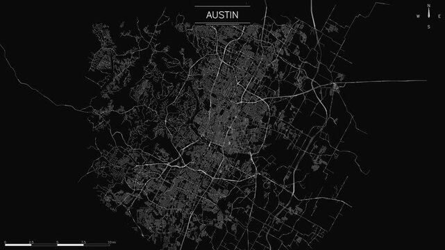street network of Austin, minimalist map animation features white light trails representing traffic moving through against black background