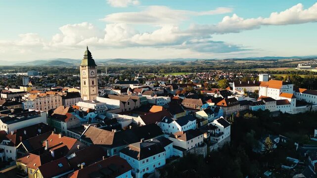 Sunny drone shot of the oldest town in Austria, Enns