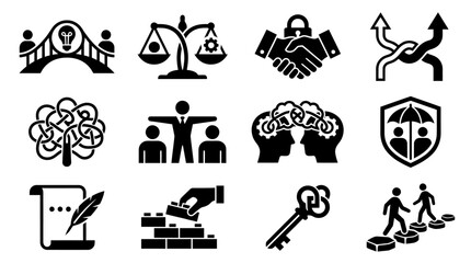 Obraz premium Set of black business and communication conceptual icons with business strategy management communication leadership development innovation collaboration silhouette corporate handshake