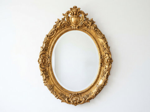 Oval gold mirror with ornate carved frame on white wall interior home