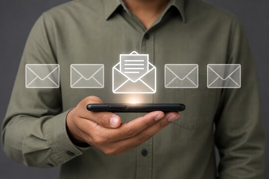 Man holding smartphone displaying floating row of email envelope icons representing messages