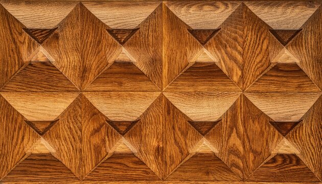 A detailed geometric pattern of carved wood in warm brown tones.