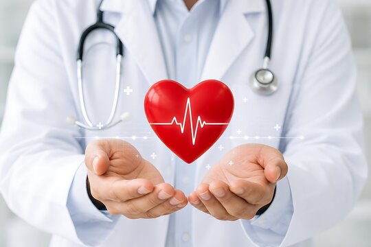 Medical doctor holding glowing red heart with electrocardiogram wave sign in hands