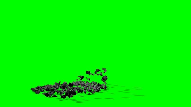Brick wall demolition and shattering stone debris green screen animation