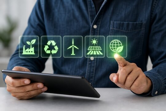 Person holding tablet interacting with glowing green sustainability and green energy icons