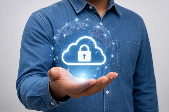 Person in a blue denim shirt holding a glowing digital cloud icon with a padlock symbol