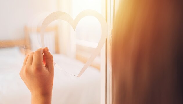 A child's hand draws a heart on a steamed-up window.