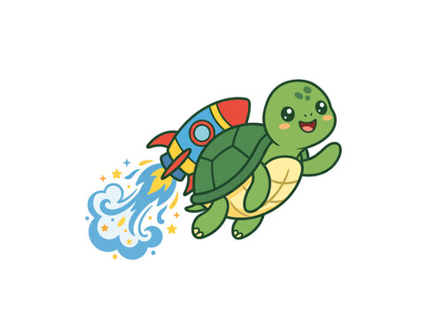 Cute cartoon turtle flying with a rocket strapped to its back for fast business growth and working capital, leaving a trail of smoke and stars as a mascot