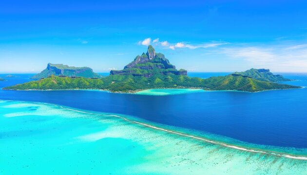 Panoramic aerial view of Bora Bora's iconic Mount Otemanu and vibrant turquoise lagoon.