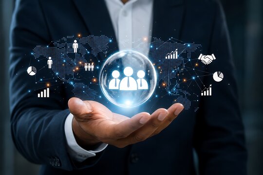Businessman holding glowing digital sphere with human icons and world map network overlay