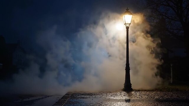 Streetlamp illuminates swirling fog above a wet cobblestone street at night. Urban night scene with mist and reflective pavement.