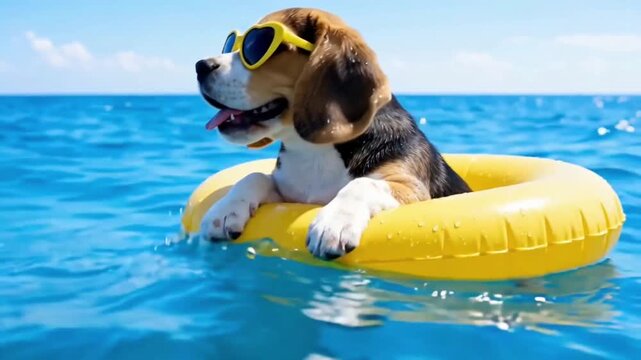 Cute beagle puppy in a bright yellow sunglasses holds a bright yellow inflatable swim ring, floating in vast blue ocean under bright clear sky