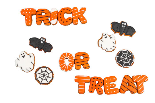 Halloween cookies with decorations in orange and black shapes for festivities and celebration