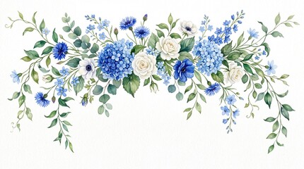Fototapeta premium Symmetrical watercolor floral swag with blue hydrangeas and white flowers on white.
