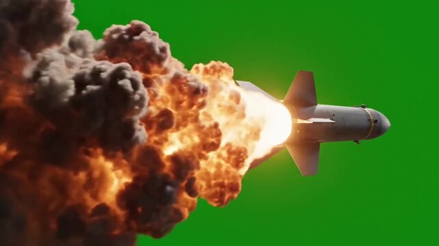 Close up of strategic missile firing with massive fire trail on green screen