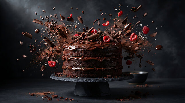 Chocolate cake with raspberry explosion on a dark slate cake stand