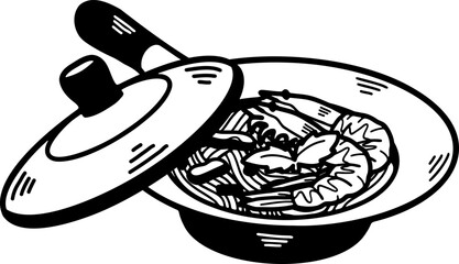 black and white illustration of goong ob woon sen cooked in a pot Thai dish © Koon