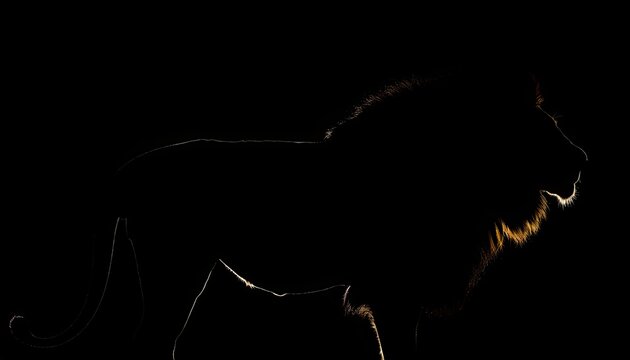 A majestic lion's profile is dramatically silhouetted against a deep black background with subtle rim lighting highlighting its mane and body.
