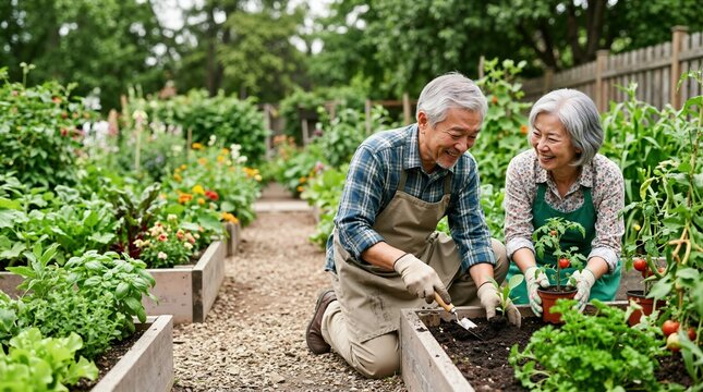 Senior Asian couple gardening together in a vegetable garden. Elderly man and woman planting tomatoes in raised beds outdoors. Active retirement, urban farming, and horticulture concept