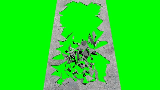 Concrete floor breaking and shattering animation with green screen background