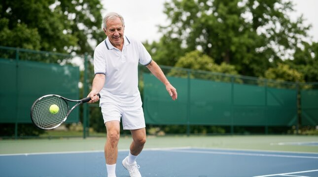 Elderly Caucasian man playing tennis on an outdoor court. Active senior swinging a tennis racket during a match. Healthy retirement sports and energetic fitness concept