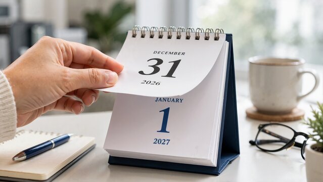 Hand flipping desk calendar page from December 31 2026 to January 1 2027. New Year transition, schedule planning and timeline concept