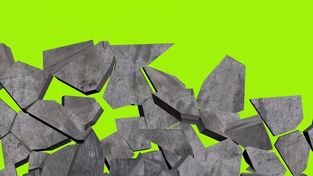 Concrete wall cracking and shattering stone destruction green screen transition