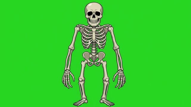 Creepy giant Human skeleton illustration standing against green background with copy space