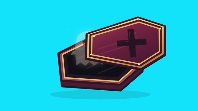 Haunted wooden coffin with cross symbol floating against blue background for spooky vibes