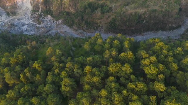 Aerial view of dense forest canopy bordering a rocky riverbed in Kemalang, Central Java, Indonesia.