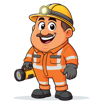 Hand Drawn Vector Miner Cartoon Mascot Character with Hard Hat and Flashlight