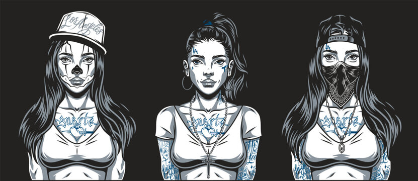 Three stylized women with tattoos