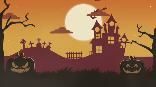 Spooky Halloween Night with Haunted House, Full Moon, Flying Bats, Graveyard and Jack-o-Lantern Pumpkins, 4K animation video 