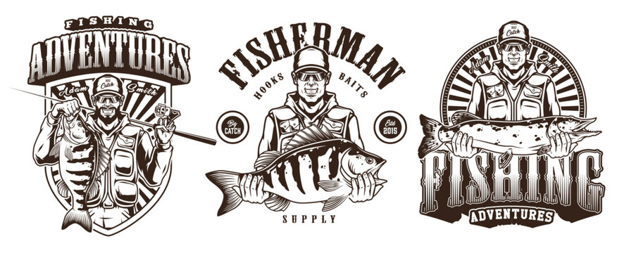 Vintage-style fishing and adventure emblem set