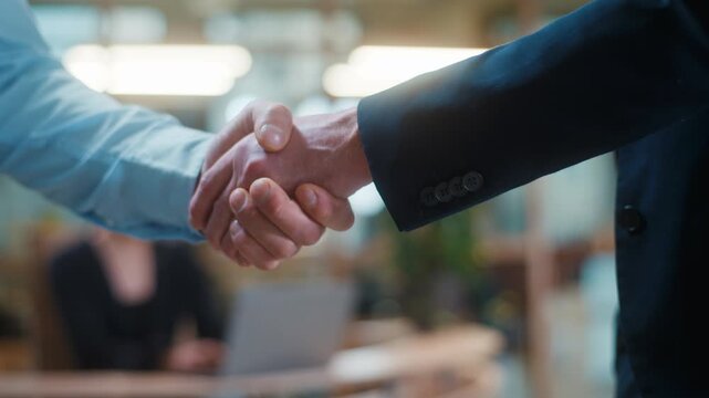 Close up male handshaking two business men shaking hands in office. Cropped view businessmen employers workers handshake. Unrecognizable boss welcoming candidate hiring intern partnership teamwork