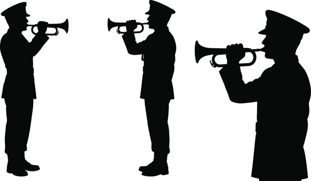 Silhouette of Military Buglers Playing Bugle Horns in Uniform for Ceremonial and Memorial Tributes