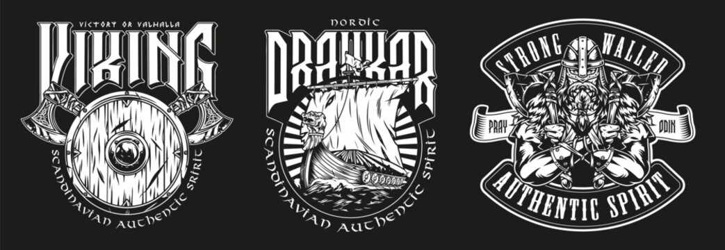Three vintage-style emblems with Viking, Draugr