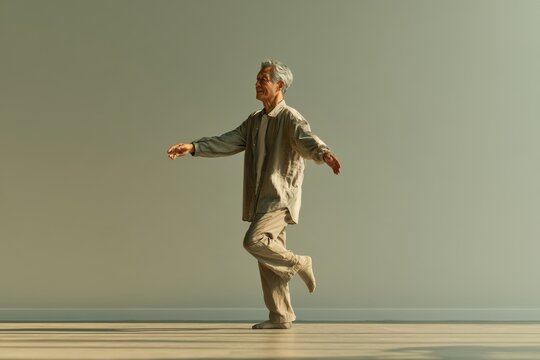  Korean man practising balance, tai chi