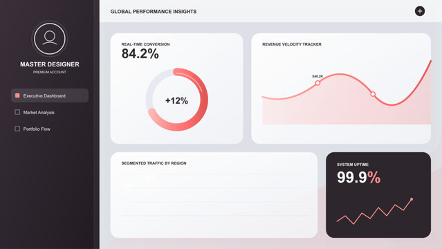 Global performance insights dashboard UI UX vector design with business analytics data charts for website