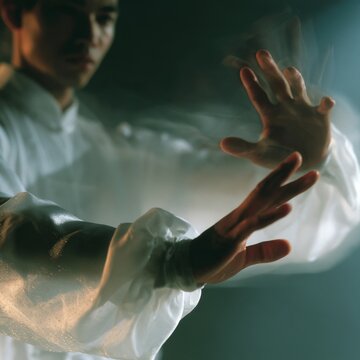  Korean man practising balance, tai chi