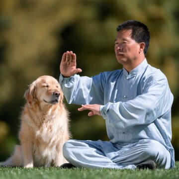 A man in a light blue tai chi practices the 'Pillow Hands' form while his golden retriever sits calmly beside him