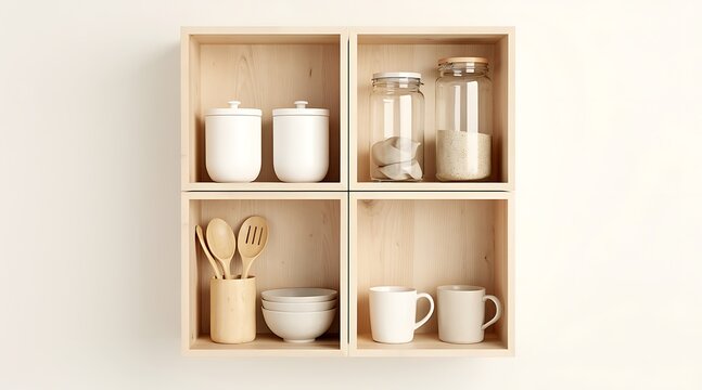 Minimalist wooden square wall shelf unit with kitchenware storage, organized kitchen interior featuring white ceramic canisters, glass jars, wooden spoons, mugs, and bowls in scandinavian style.